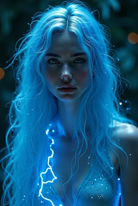 Gorgeous depiction of a sexy woman, water elements, long blue hair, pulsing with water and blue electric energy.Emphasis on deep shadows, intricate lines and glamorous charm. The overall composition will radiate sophistication, intrigue and timeless beauty...