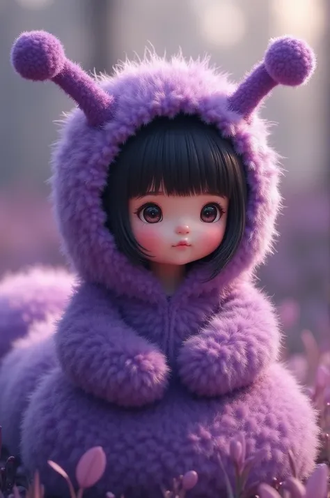 She is a tender girl in a large caterpillar costume ,  the caterpillar is purple and the girl has a straight fringe on her forehead 