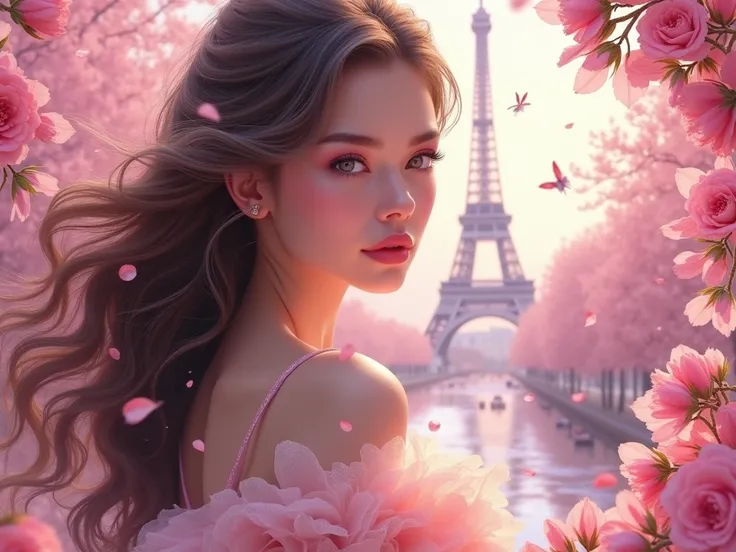 Bright fairytale art beauty style , high fashion.  pretty girl ,  in the background - Paris in the style of fairy art,  background in shades of pink, beauty industry 
