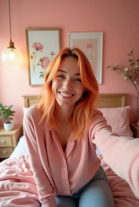 selfie for instagram stories girl in pink bedroom