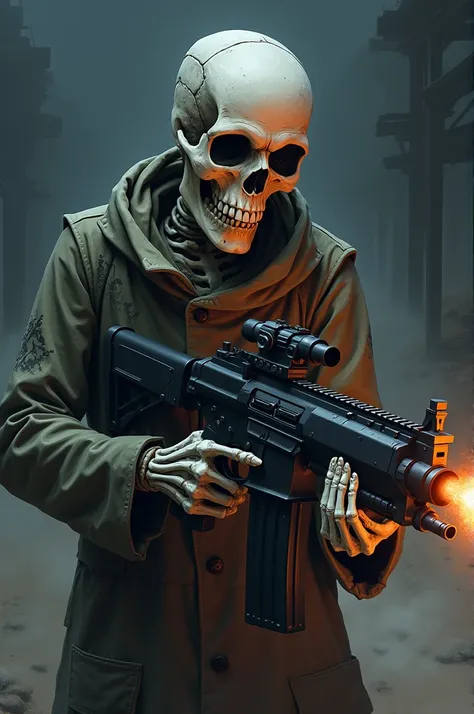 Anime style skeleton shooting machine gun with flash in the barrel