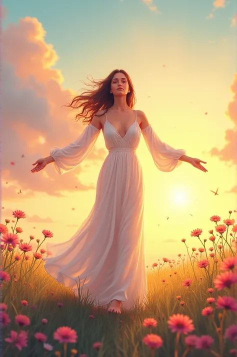 

*"A serene and artistic depiction of self-acceptance. A woman stands on a hill at sunset, her arms gracefully open, symbolizing freedom and self-love. She is surrounded by vibrant nature—blooming flowers, gentle breezes, and soft sunlight. Her expression...