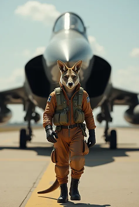 A tall and strong Kangaroo fighter pilot walking to his f4 warplane ready getting on his plane