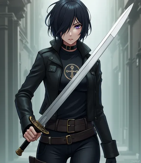  The guard you describe seems to be a woman of marked presence and determined .  Her choice of short hair that covers part of her eyes gives a mysterious and intense aura .  The fact that she is holding a white-bodied sword indicates that she is skilled an...