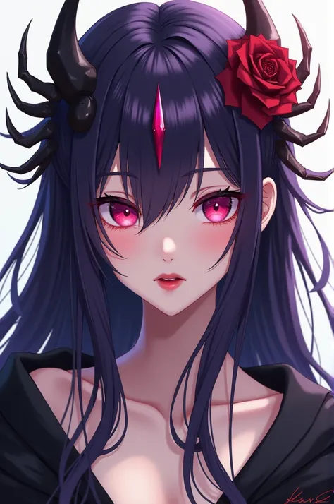  I created a female anime character with long dark purple hair,     with a scorpion xifer on her head    , A pretty face and looking seducing only the face wearing a cherry lipstick without showing cleavage 