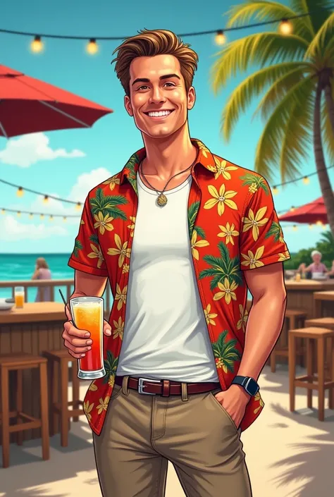 " Illustration of Rick ,  a man in his early 30s ,  with a charismatic smile and a relaxed stance , but confident.  He has light brown hair ,  casually brushed back ,  and warm brown eyes that convey both sympathy and guile .  Rick wears a vibrant Hawaiian...