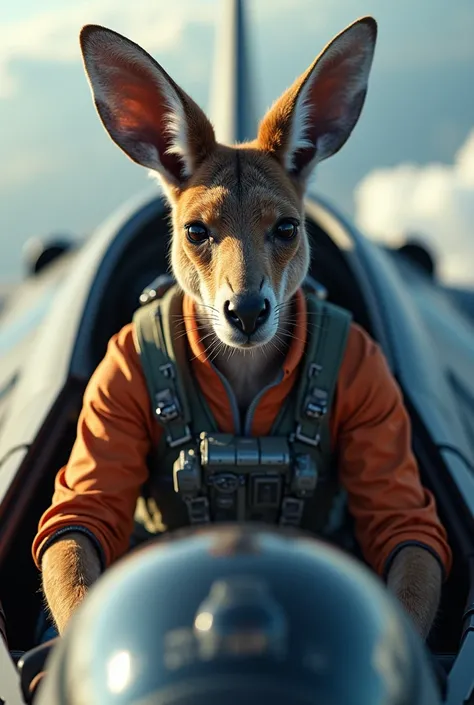 A tall and strong Kangaroo pilot inside an f4 warplane piloting