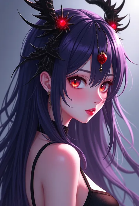  I created a female anime character with long dark purple hair,     with a scorpion xifer on her head    , A pretty face and looking seducing only the face wearing a cherry lipstick without showing cleavage 