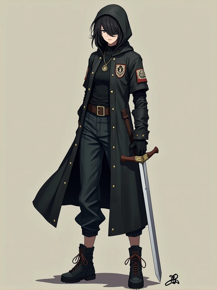  The guard you describe seems to be a woman of marked presence and determined .  Her choice of short hair that covers part of her eyes gives a mysterious and intense aura .  The fact that she is holding a white-bodied sword indicates that she is skilled an...