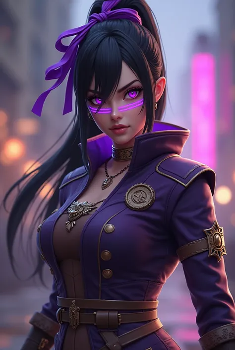  Game Free Fire , with her black hair tied with a purple pussy , with a purple stripe around her eyes ,  wearing an Imperial Legionary outfit from Free Fire