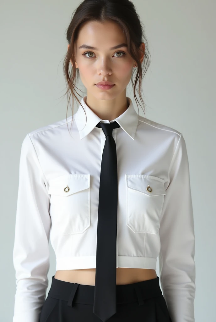 Créer une image de crop top chemise blanche, tres stylee , pas basique, avec un modele unique,un modele que je pourrais reproduire a partir d un simple chemise, un crop  avec une petite chaine, une chemise sans poche mais avec des bouton devant, je voudrai...