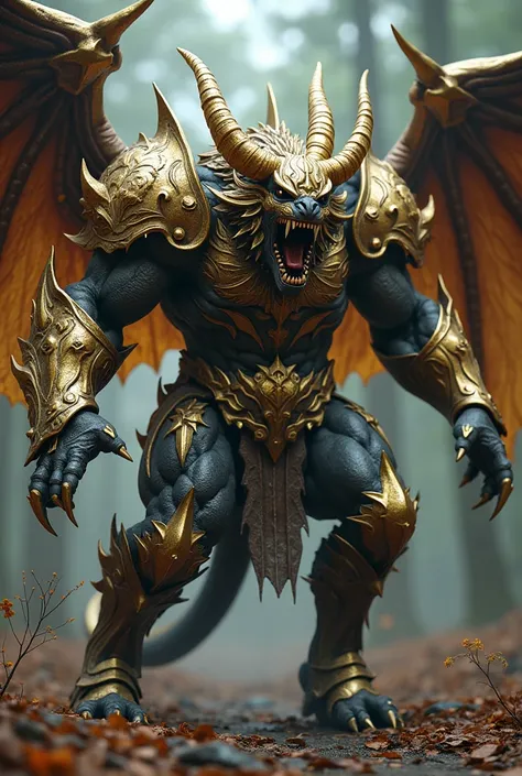 unreal engine. full body Berserker angry Behemoth roar large demon meteor wings. metallic skin and reflective gold armor, royal muscle and majestic soul demon-skin on its back. It is an ornate fantasy armor with intricate designs, sharp jagged edges, textu...