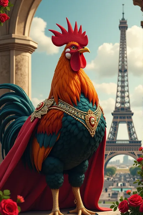 A proud rooster dressed in royal clothes, standing beside the Eiffel Tower in France.