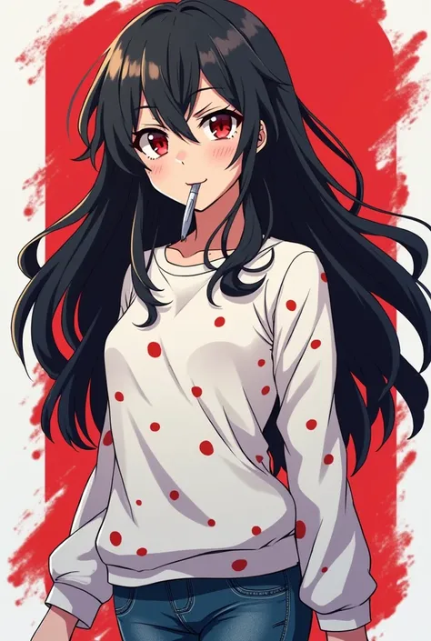  Screenshot of My Hero Academia Young woman with long wavy hair ,  white and red spots , loose hair , Psychopath red eyes ,  psychopath look with a knife on his tongue ,  is a Jean and a white sweatshirt  full body Study Bonds