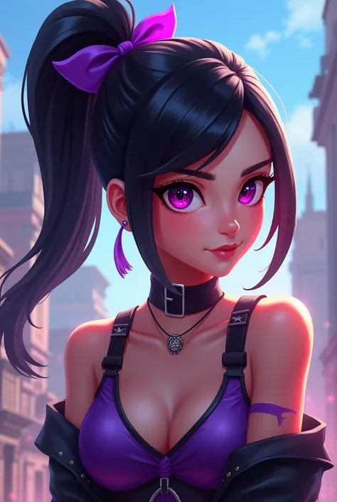  Game Free Fire , with black hair tied with a purple pussy, with a purple stripe around her eyes 