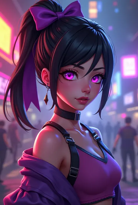  Game Free Fire , with black hair tied with a purple pussy, with a purple stripe around her eyes 