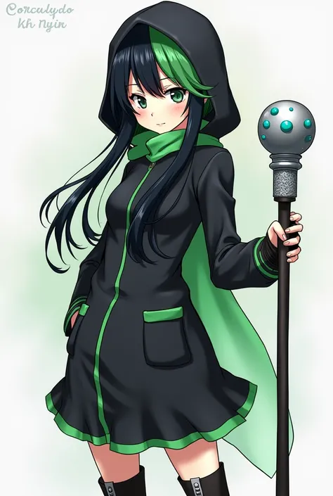  Anime character , height 160 cm, weight 48 kg. Race man . 
 Her face is quite serious ,  one eye is black ,  and the other is green . 
 Girl with black hair,  where the curl is green ,  that is on one bang .  The clothes are black ,  hood to put on her he...