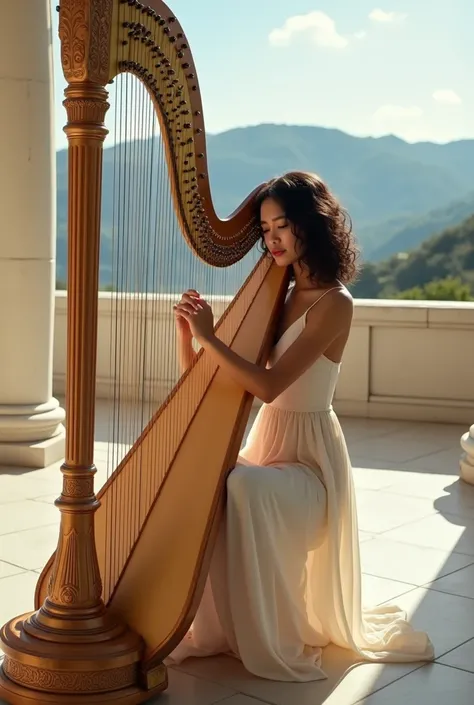 Harpist harp curly short hair woman filipino beautiful 
Greek