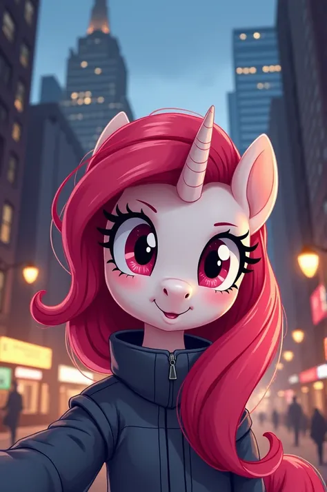 my little pony, female, red hair, red eyes, white cream skin, selfie, new york city ,evening