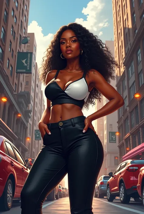 IMAGEOF beautiful curvy African woman in the city in trousers and black an white top