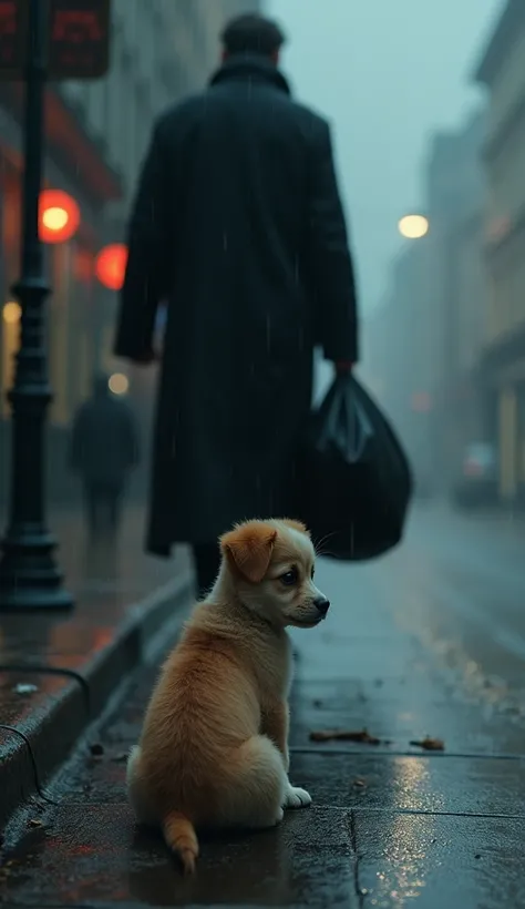 Puppy puppy on the street, It&#39;s raining, a man walking past him with a big black bag as if he were going to take him away