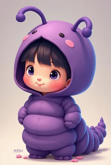 She is a tender girl in a large caterpillar costume , The caterpillar is purple and the girl has a straight fringe on her forehead THAT IS A 2D CARTOON DRAWING 