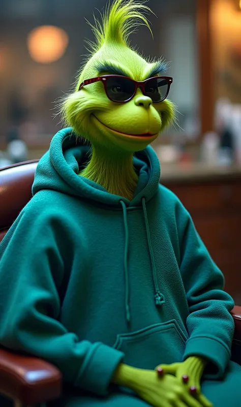 GrinchAn absurdly chill version of the Grinch sitting in a barber chair, wearing sunglasses, with a barber giving him a perfectly clean low taper fade haircut. The Grinch is smirking confidently, radiating vibes of pure swagger, with exaggerated shiny line...