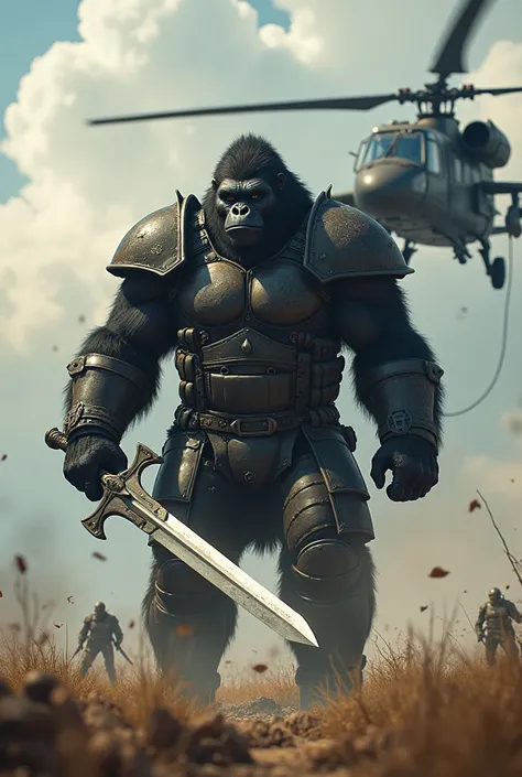 A black humanoid gorilla dressed as a soldier fights an Apache helicopter on an open field of war in an epic scene of medieval soldiers fighting with swords