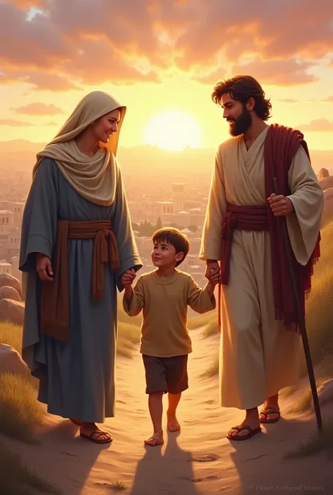  boy, Mary, and Joseph walking together on a dirt path at sunset, with Jerusalem visible in the distance.the boy walks between them, looking reflective but content. Mary and Joseph glance at him lovingly. The sky is painted in warm orange and pink hues.

