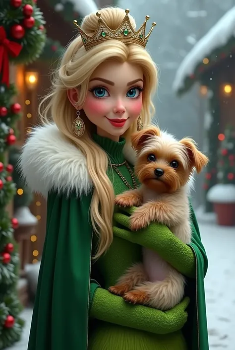 Blonde Disney princess with blue eyes as Grinch, Christmas style , Yorkshire Terrier auf dem Arm, 