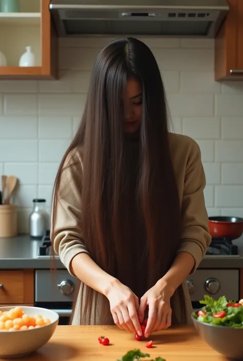 Fitted Mini dress, korean girl, cooking inside kitchen, ((very long hair:1.7)), hair length is 3 meters, straight hair, realistic, dynamic angle, hair over face, her very ling hair covered her face, hair reach the floor, hair cover some food on table, 