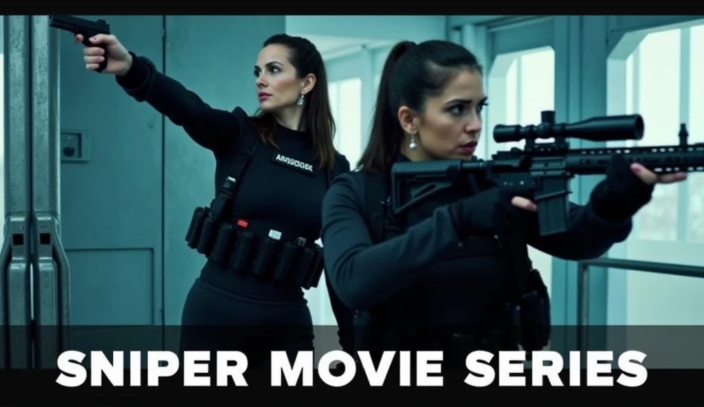 The image shows two women in black tactical clothing, holding weapons and in a combat position. One of them aimed a pistol to the left and the other aimed a rifle to the right, creating a tense and dynamic scene. The environment around it resembles an indu...