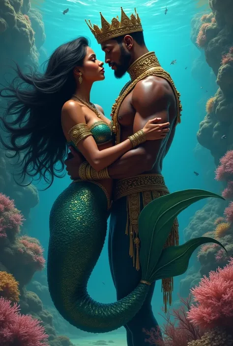 A realistic African mermaid holding her African prince lover 