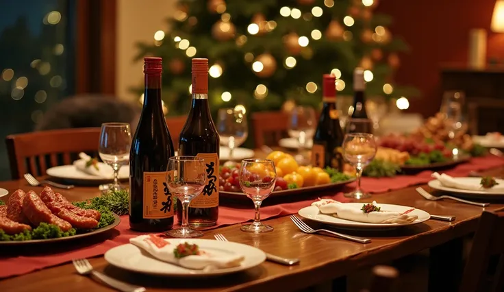 A richly decorated dining table with a Christmas dinner, including traditional Japanese and Brazilian dishes. In the center of the table, (bottles of soy sauce and other Sakura products stand out:1.5), all in harmony with the (Christmas decorations:1.2). S...