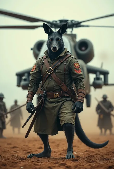 A black humanoid kangaroo dressed as a soldier fights against an Apache helicopter on an open field of war in an epic scene of medieval soldiers fighting with swords