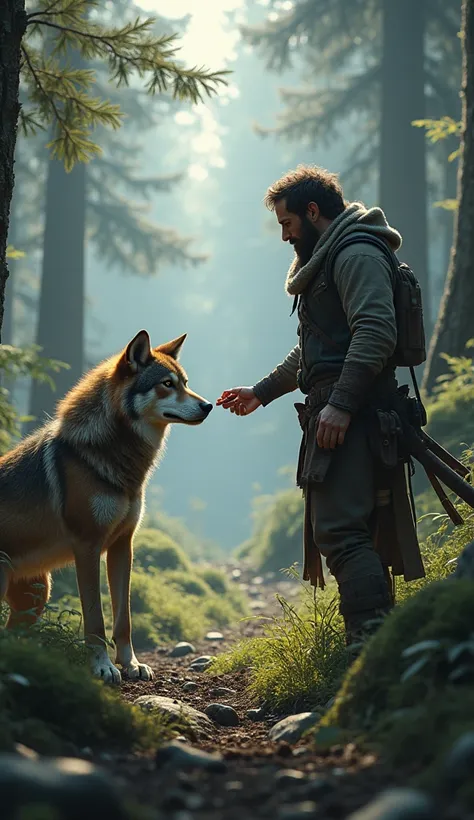 A curious wolf cautiously approaching a human, sniffing a piece of meat offered by the human, with a rugged, forested landscape in the background."