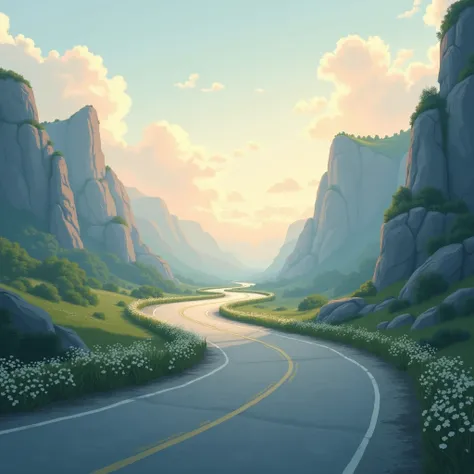  A tranquil landscape at dawn , with soft colors in the sky and an empty road that symbolizes peace and renewal. The setting should convey tranquility and serenity, with a touch of soft light