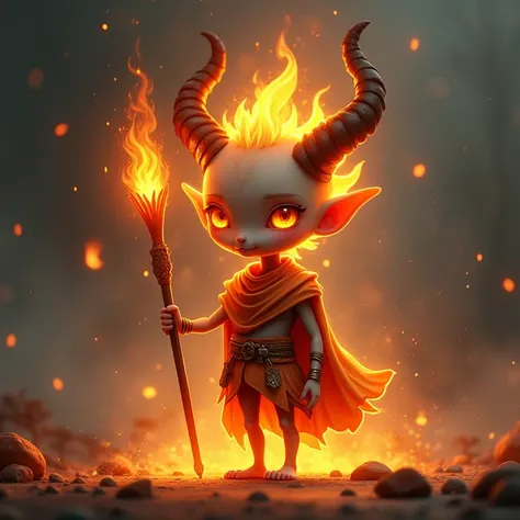 A character of short stature ,  with a minimalist design but full of personality .  His body is thin and slightly anthropomorphic ,  with small and delicate limbs .  He is engulfed in flames that vary in intensity ,  radiating a mystical and dangerous atmo...