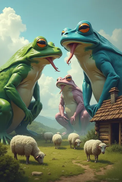 In the picture there are three big frogs, the frogs are the same size, they are in a field near a cabin, they are the size of the cabin, there is a green frog, a blue frog and a pink frog, medieval fantasy world, the frogs are pretty, with their tongue the...