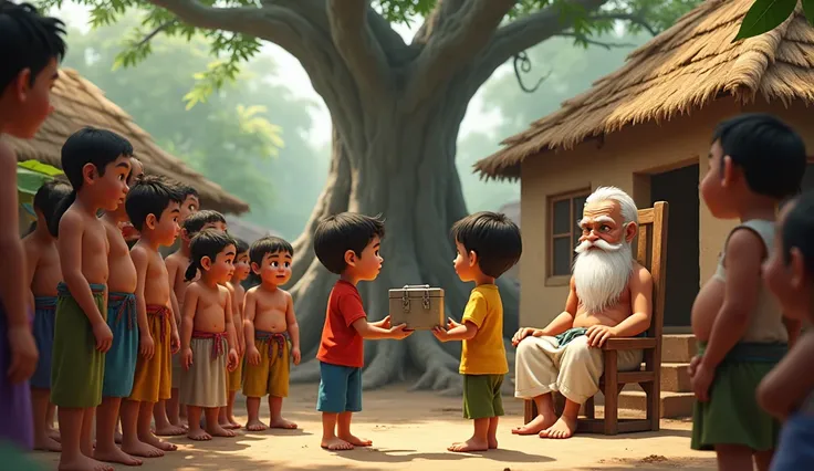 "A group of villagers gathered in front of a traditional clay house with a large banyan tree in the yard. Two boys, one in a red t-shirt and blue pants and the other in a yellow t-shirt and green pants, stand in the center holding a small metal box. An eld...