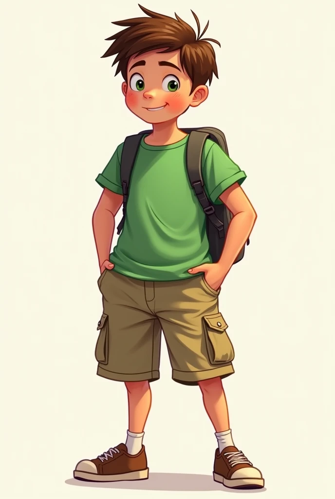  as a Pixar cartoon , Draw a  boy wearing a green t-shirt and khaki cargo shorts unzipping his shorts with a carefree attitude about everything, even drawn with his shoulders raised and a backpack