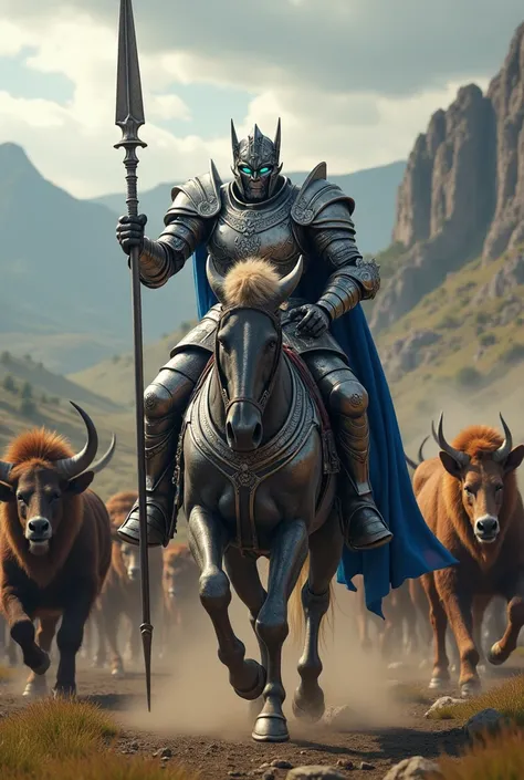 Generate an image of an optimus prime version medieval knight running alongside a stampede of animals such as: lions,giraffes,lobos,horses,crocodiles