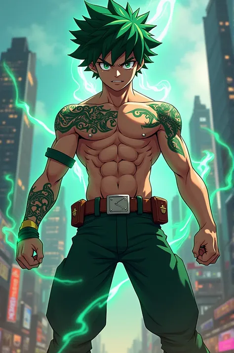 Create a son of bakugo and deku from mha who is 18 years old and butt naked 