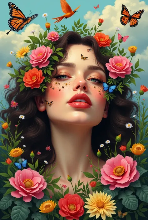  Draw the face of a fat woman , with dark brown hair, long curly hair below the shoulders, She has fair skin, there are many flowers, birds, butterflies,  that cover her face from the end of her nose up covering her eyes,  is an image that expresses life ,...