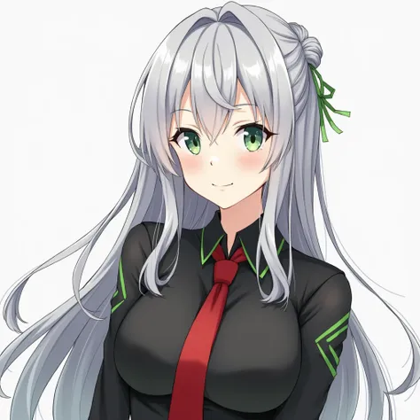 anime; female; 17;  black with green accent and red tie;  long silver hair; In c.ai still