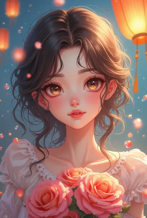 Layla ( Masterpiece), ( Best Quality ), (ultra detailed),( disheveled hair ),( illustration), (1GRAMOirl), beautiful and detailed eyes, beautiful and delicate face ,floating bouquet,(hiGRAMOh saturation),( colorful splashes),colorful bubble,(brilliant bouq...