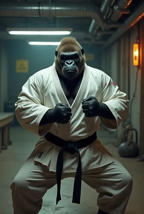 Create an image of a black belt jiu-jitsu gorilla wearing a white kimono written as a jiu-jitsu basement 