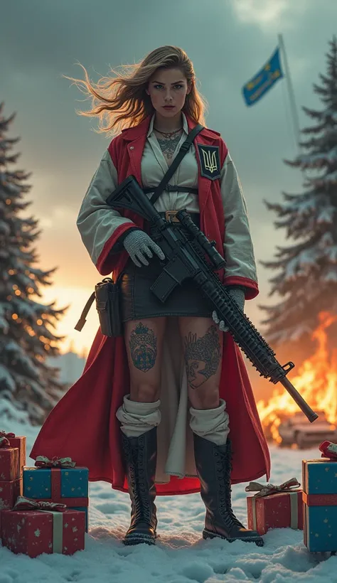 Ukrainian war scenario, Russian aggressors and attack a Heavily armed with rifle and battle axe all over the body tattooed with Ukrainian trident motif female beautiful soldier dressed in the Nicolas red and white Colors robe with crossed gun belts and wit...