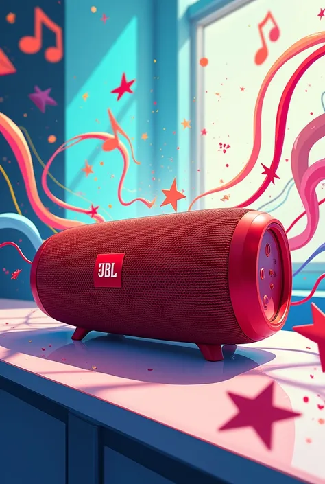 The red jbl speaker lies on a bright table top playing fun music.  anime drawing 