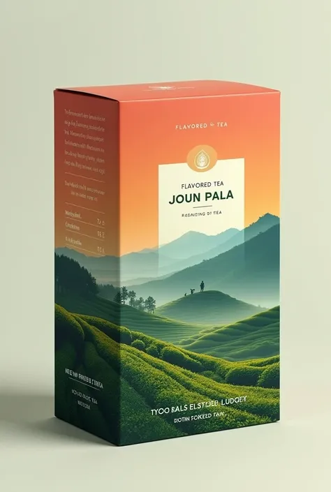 Tea box packaging design, tea estate in the label background, modern colorful label design, Flavored product